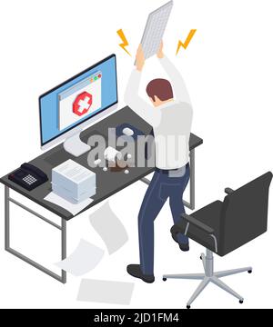 Professionelle Burnout Depression Frustration isometrische Zusammensetzung mit Büroangestellter Zerkleinerung Computer Vektor Illustration Stock Vektor