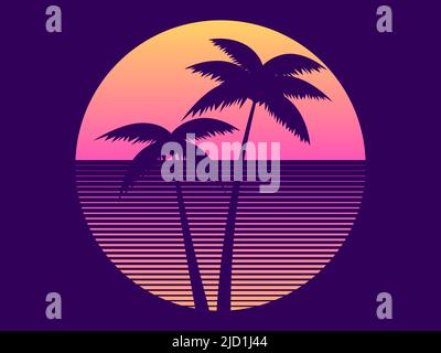 Palmen bei Sonnenuntergang im Stil der 80s. Futuristische Retro-Sonne mit Palmen im Synthwave-Stil. Broschüren-, Banner- und Poster-Design. Vektorgrafik Stock Vektor