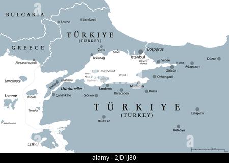 Bosphorus und Dardanelles, graue politische Landkarte. Die türkische Meerenge, international bedeutende, enge Wasserstraßen in der Türkei. Stockfoto