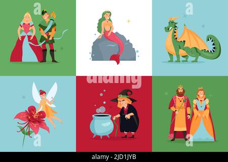 Märchenfiguren Design-Konzept Satz von sechs Farbe quadratische Symbole mit elf Meerjungfrau gnome königlichen Familie Mitglieder Vektor-Illustration Stock Vektor