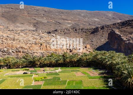 Ghul verlassene Dorf, am Eingang des Wadi Ghul, Omans Grand Canyon, Sultanat von Oman Stockfoto