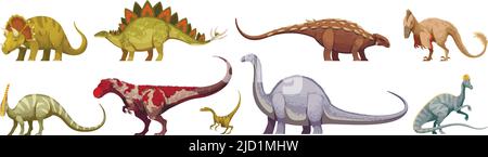 Fleischfresser und Pflanzenfresser Riesen und Kleintiere Dinosaurier farbige Cartoon-Set isoliert auf weißem Hintergrund Vektor-Illustration Stock Vektor