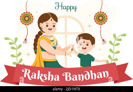 Happy Raksha Bandhan Cartoon Illustration mit Schwester, die Rakhi am Handgelenk ihrer Brüder bindet, um den Liebesbündnis in der indischen Festspielfestung zu symbolisieren Stock Vektor