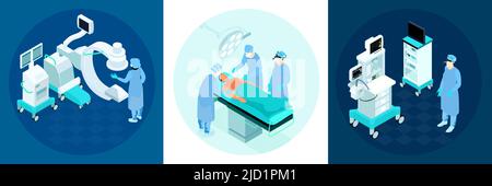 Operationssaal Konzept 3 isometrische Kompositionen mit modernen medizinischen chirurgischen Geräten Patient Chirurg während des Verfahrens Vektordarstellung Stock Vektor