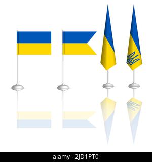 Ukrainische Flagge in vier Versionen mit Spiegelreflexion. Vorderansicht, Vektorgrafik. Stock Vektor