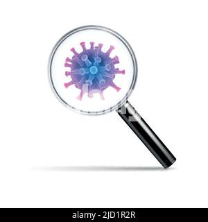 Coronavirus covid-19 Forschung realistische Zusammensetzung mit Bild der Handlinse mit Schatten und Virusbakterien Vektor Illustration Stock Vektor