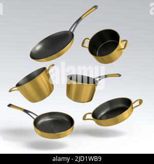 Set aus fliegendem Stewpot aus Edelstahl, Bratpfanne und Kochgeschirr aus verchromtem Aluminium auf weißem Hintergrund. 3D Render von antihaftbeschichteter Küchenutensilien Stockfoto