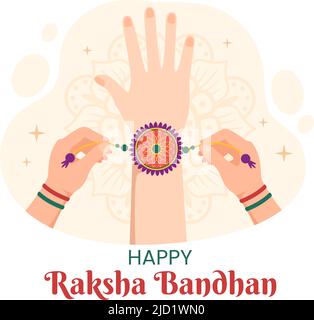 Happy Raksha Bandhan Cartoon Illustration mit Schwester, die Rakhi am Handgelenk ihrer Brüder bindet, um den Liebesbündnis in der indischen Festspielfestung zu symbolisieren Stock Vektor