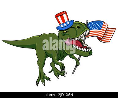 Glücklicher 4.. Juli - T rex Tyrannosaurus mit amerikanischer Flagge. Niedliche lächelnde glücklich Dinosaurier mit Onkel Sam Hut. Dino-Figur im Cartoon-Stil. Happy Ind Stock Vektor