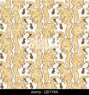 Braunes, handgezeichnetes Spinosaurus-Dinosaurier-Nahtloses Muster. Gender Neutral Jurassic fossile Silhouette für Baby-Nursery. Home Dekor für Museum, Aussterben Stockfoto