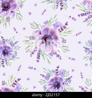Muster mit blassen lila Lavendelblüten und Anemone, Aquarell-Illustration Stock Vektor