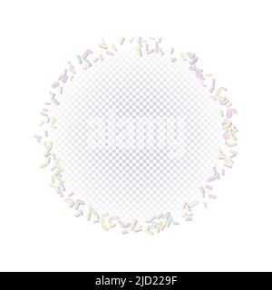 Mit hellen Körnern des Nachtisches bestreuen. Rundes Muster mit realistisch bunten Süßkörnern isoliert auf transparent. Design für Urlaubsdesigns, Party, Stock Vektor