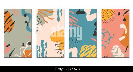 Setzen Sie abstrakte Doodle zeitgenössische Wandkunst. Handgezeichnete organische Formen Social-Media-Vorlagen. Moderne Poster mit Tiermuster, unregelmäßigen Flecken, Rippenbund Stock Vektor