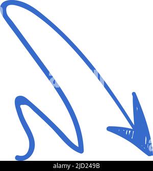 Gekrümmter Pfeil. Handgezeichnetes blaues gewelltes Symbol Stock Vektor