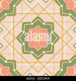 Nahtloses Vektor-Muster mit geometrischen floralen Wandfliesen auf rosa Hintergrund. Einfaches Wohndekor Tapetendesign. Dekorative quadratische Mode Textil. Stock Vektor