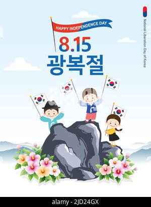 Koreanisches Veranstaltungs-Design für den Befreiungstag. Die Kinder in hanbok feiern mit dem Winken von Taegeukgi auf dem Gipfel des Berges. Befreiungstag, koreanische Übersetzung. Stock Vektor