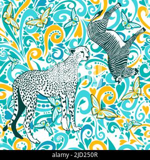 Zebra und Gepard mit nahtlosem Muster. Abstrakter Hintergrund . Vektorgrafik Stock Vektor