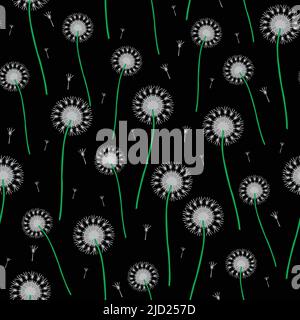 Nahtloses Vektormuster mit sanften Dandelionen auf schwarzem Hintergrund. Schönes dekoratives florales Tapetenmuster. Blume Blüte Mode Textil. Stock Vektor