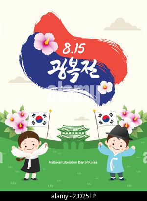 Koreanisches Veranstaltungs-Design für den Befreiungstag. Kinder in hanbok halten die Korea-Flagge und feiern. Befreiungstag, koreanische Übersetzung. Stock Vektor