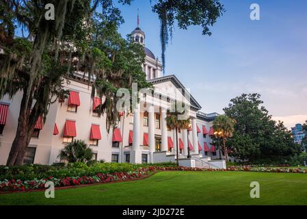 Tallahassee, Florida, USA, mit dem alten und dem neuen Kapitolgebäude in der Dämmerung. Stockfoto