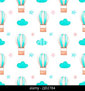 Nahtloses Muster im Boho-Stil für Kinder. Aquarell niedliche Ballons, Wolken und Sterne. Design für Tapete, Stoff, Textil, Druck, Verpackung. Stockfoto