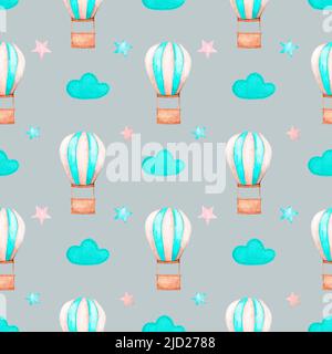 Nahtloses Muster im Boho-Stil für Kinder. Aquarell niedlichen Ballons, Wolken und Sterne auf einem grauen Hintergrund. Design für Tapete, Stoff, Textil. Stockfoto