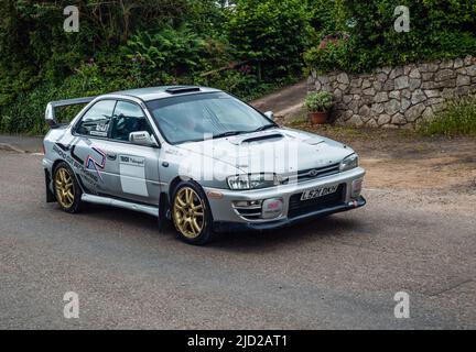 Rally Car Display beim East Budleigh Village Scarecrow Festival. Subaru Impreza Stockfoto