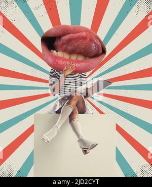 Stilvolle Frau Körper im Retro-Stil Outfit mit riesigen weiblichen Mund geleitet. Zeitgenössische Kunst Collage, Design. Surrealismus, Kubismus, Kunst und Kreativität Stockfoto