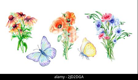 Wiesenblau. Rosa Blumen Bouquet, Schmetterlinge, Kornblume, Mohnblume und Nelke Aquarell Illustration isoliert. Wildblumen handbemalt. Design Ele Stockfoto