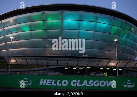 SEC Armadillo (Clyde Auditorium), OVO Hydro und River Clyde Scenes, in Glasgow, Schottland, 9. April 2022. N55 51,572' W4 17,166' Stockfoto