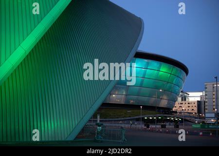 SEC Armadillo (Clyde Auditorium), OVO Hydro und River Clyde Scenes, in Glasgow, Schottland, 9. April 2022. N55 51,563' W4 17,251' Stockfoto