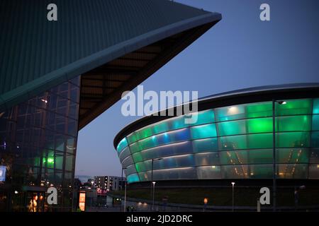 SEC Armadillo (Clyde Auditorium), OVO Hydro und River Clyde Scenes, in Glasgow, Schottland, 9. April 2022. N55 51,558' W4 17,247' Stockfoto