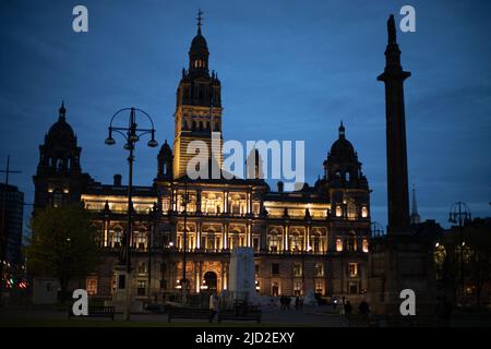 City Chambers am George Square, in Glasgow, Schottland, 11. April 2022. N55 51,695' W4 15,060' Stockfoto