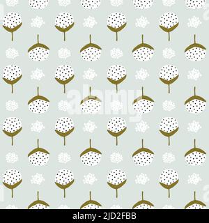 Handgezeichnete Baumwollblumen und nahtloses Blattmuster. Skandinavischen Doodle Stil Hintergrund . Niedliche Vektor-Illustration für Stoff, Geschenk, Geschenkpapier Stock Vektor