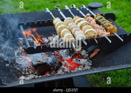 Verschiedene vegetarische Schaschlik auf Spieß über dem Feuer Stockfoto