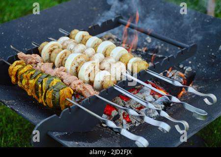 Verschiedene vegetarische Schaschlik auf Spieß über dem Feuer Stockfoto