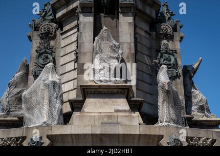 Die Basis des Kolumbus-Denkmals in Barcelona, Spanien. Stockfoto