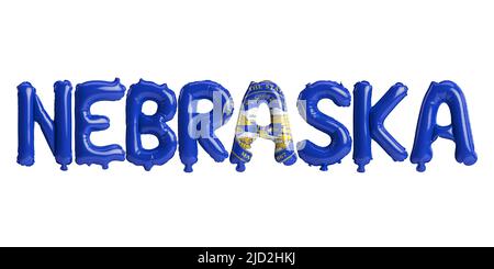 3D Illustration von nebraska-Buchstabenballons mit isolierten Staatsflaggenfarben auf weißem Hintergrund Stockfoto