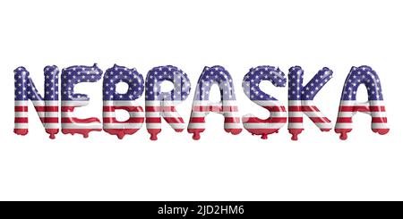 3D Illustration von nebraska-Briefballons mit usa-Flaggenfarben isoliert auf weißem Hintergrund Stockfoto