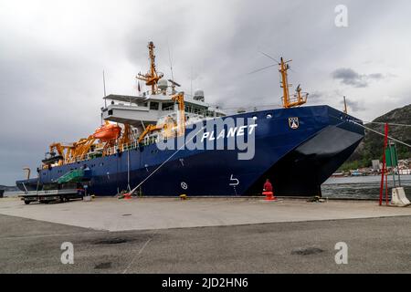 Forschungs- und Vermessungsschiff für die deutsche Marine, den Planeten bei Bontelabo qua, im Hafen von Bergen, Norwegen Ein Katamaran - SCHWADDESIGN - Geophysik und nava Stockfoto