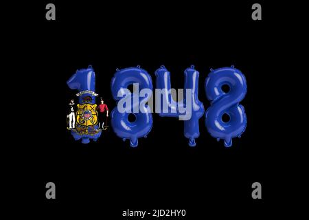 3D Illustration von 1848 Ballon mit wisconsin Flaggen Farben isoliert auf schwarzem Hintergrund Stockfoto