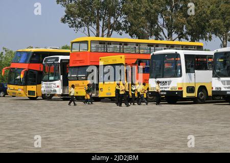 Schule und andere Busse auf dem Parkplatz vor dem Apartheid Museum, Johannesburg, Gauteng, Südafrika. Stockfoto