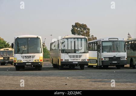 Schule und andere Busse auf dem Parkplatz vor dem Apartheid Museum, Johannesburg, Gauteng, Südafrika. Stockfoto