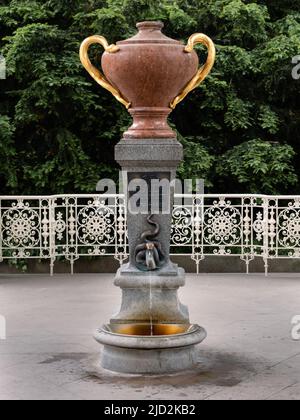 Schlangenquelle Mineralbrunnen oder Nr. 15 Hadi Pramen in Karlovy Vary, Tschechische Republik, eine heiße Quelle in der Park Colonnade oder Sadova Kolonada Stockfoto