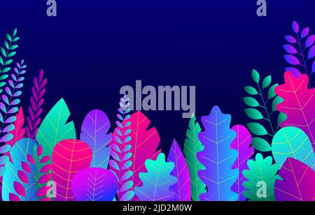 Trendige Neon-Gradienten Pflanzen und Blätter Hintergrund in flachem Stil mit Platz für Text. Tropisches Laub und Blumen. Herbst, Frühling und Sommer Natur pa Stock Vektor