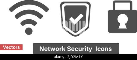 Symbolsatz aus Schild und Vorhängeschloss mit Wi-Fi und Häkchen. Bearbeitbarer Vektor. Stock Vektor