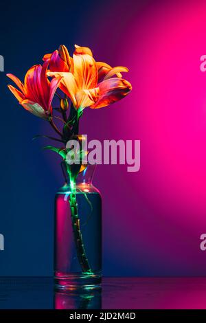 Sommerlicher Blumenstrauß, abstrakte Blumenkomposition in Glasvase auf violettem Hintergrund in Neonlicht. Konzept der Floristik, Dekorationen Stockfoto
