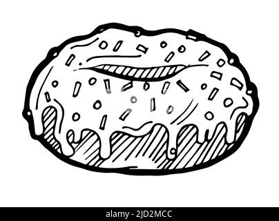 Runder Teig mit einem Loch, Creme und süßen Streuseln. Handzeichnung Umriss. Isoliert auf weißem Hintergrund. Laib und Brot süße Brötchen. Monochrom Stock Vektor