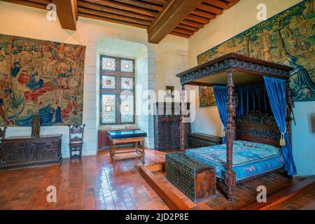 La Chambre dite de Catherine de Médicis. Le Chateau de Chaumont-sur-Loire. Domaine de Chaumont-sur-Loire. Centre-Val de Loire, Frankreich. Stockfoto