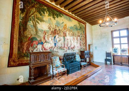 Der Wachraum, im Turm-flankierten Eingang, ist strategisch gelegen, da er über der Château Veranda liegt. Le Chateau de Chaumont-sur-Loire. Domaine Stockfoto